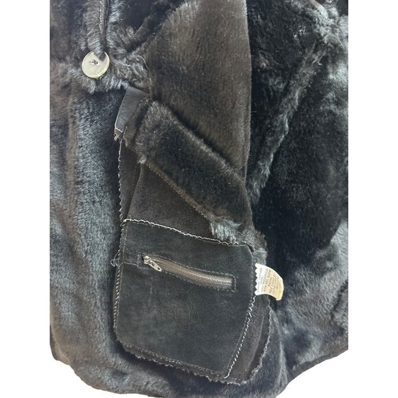 Vtg J.Percy Marvin Richards Women's M Black Suede Faux Fur Lined Coat Hooded 90s - Picture 12 of 14
